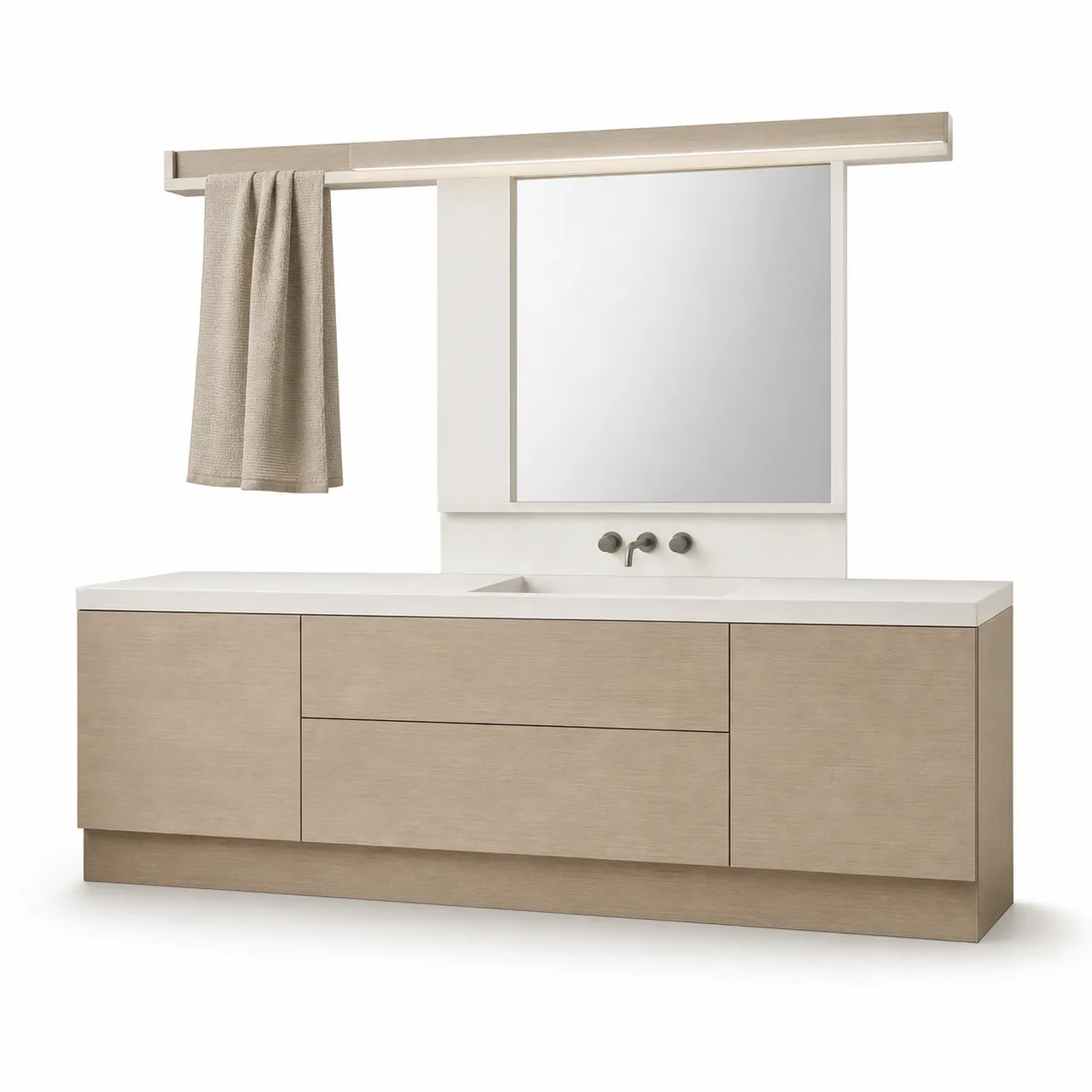 Fadior Solstice Bath and Vanity Suite with Clerestory Towel Bridge — 304 stainless steel bath and vanity system, front view