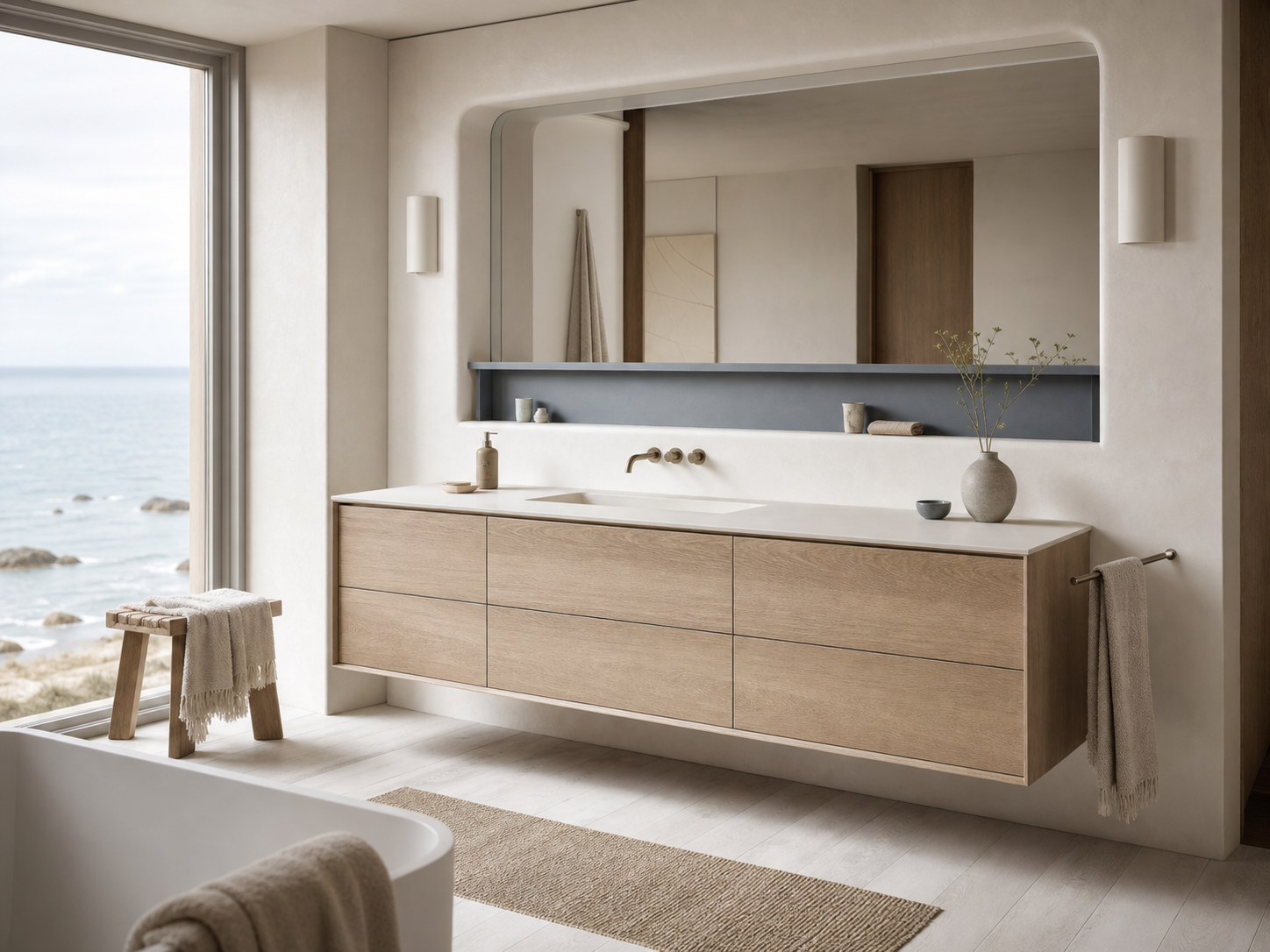 Fadior Voyage Bath Vanity Suite with Soft Slate Wash Niche — interior room context showing cabinet integration