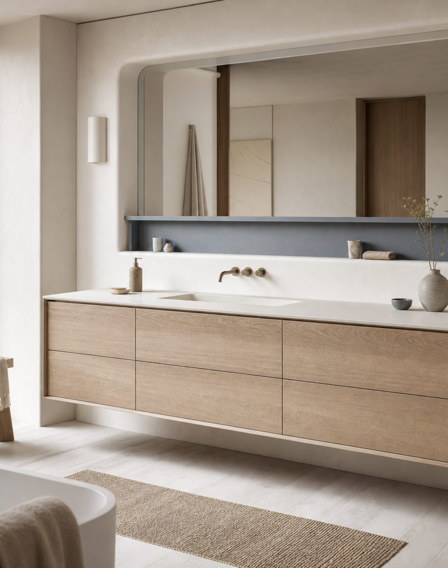 Fadior Voyage Bath Vanity Suite with Soft Slate Wash Niche — interior room context showing cabinet integration