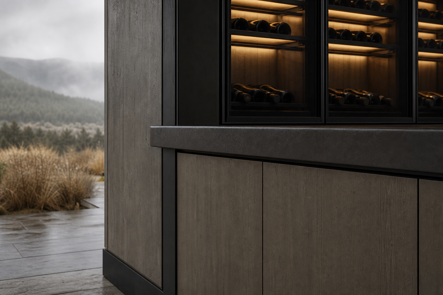 Fadior Estuary Wine Cabinet with Vaulted Tasting Atelier — close-up of stainless steel finish and hardware detail