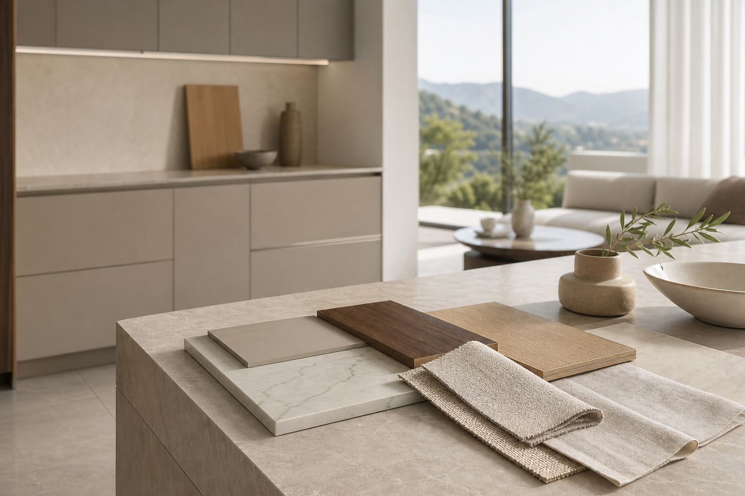 Material mood study with warm grey cabinetry, pale stone, walnut, oak, and soft linen samples.