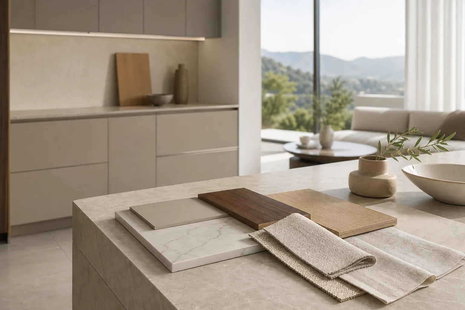 Material mood study with warm grey cabinetry, pale stone, walnut, oak, and soft linen samples.