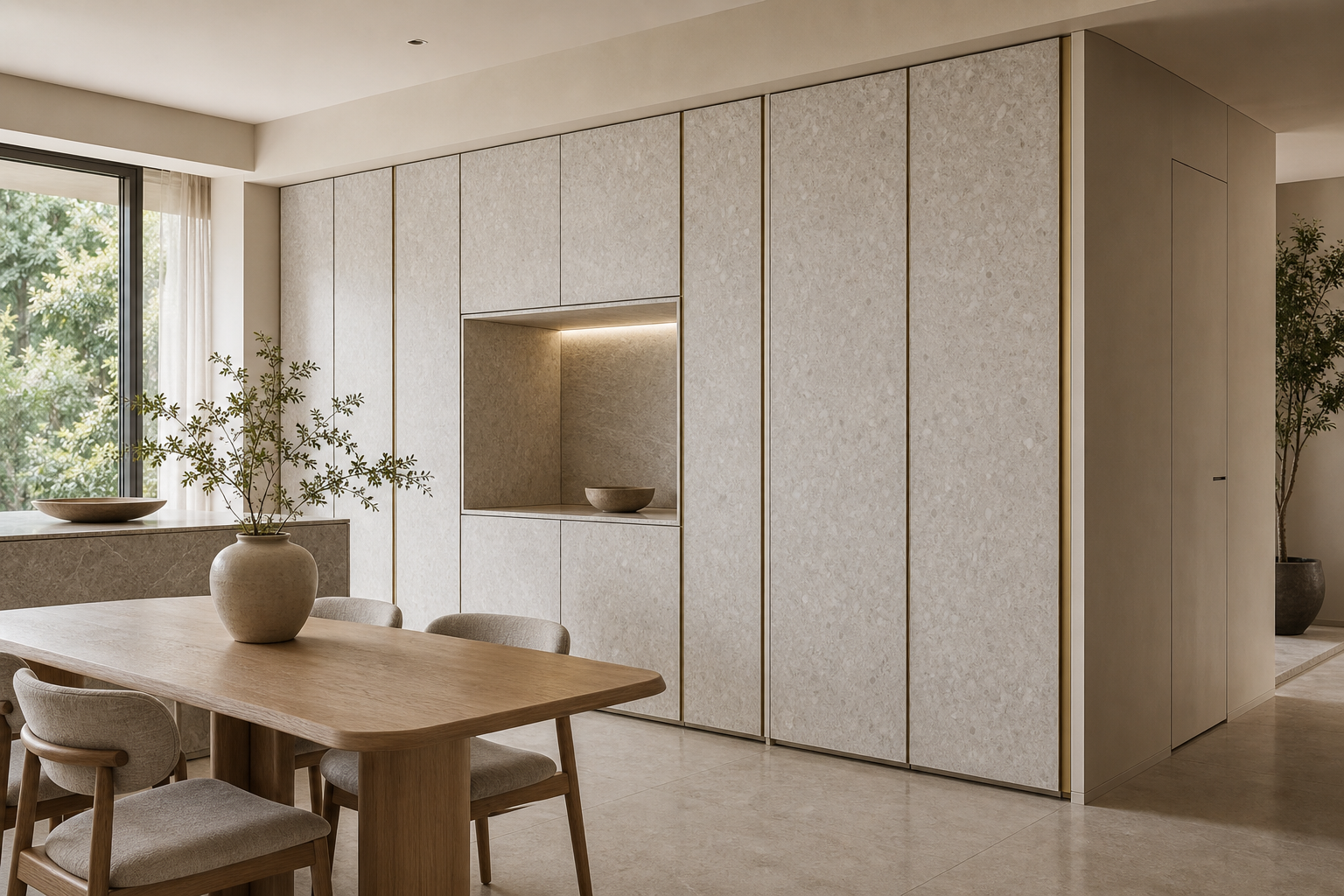 Fadior Terrazzo Wall Panel Suite with Engineered Surface Plane — lifestyle setting with natural light and residential styling
