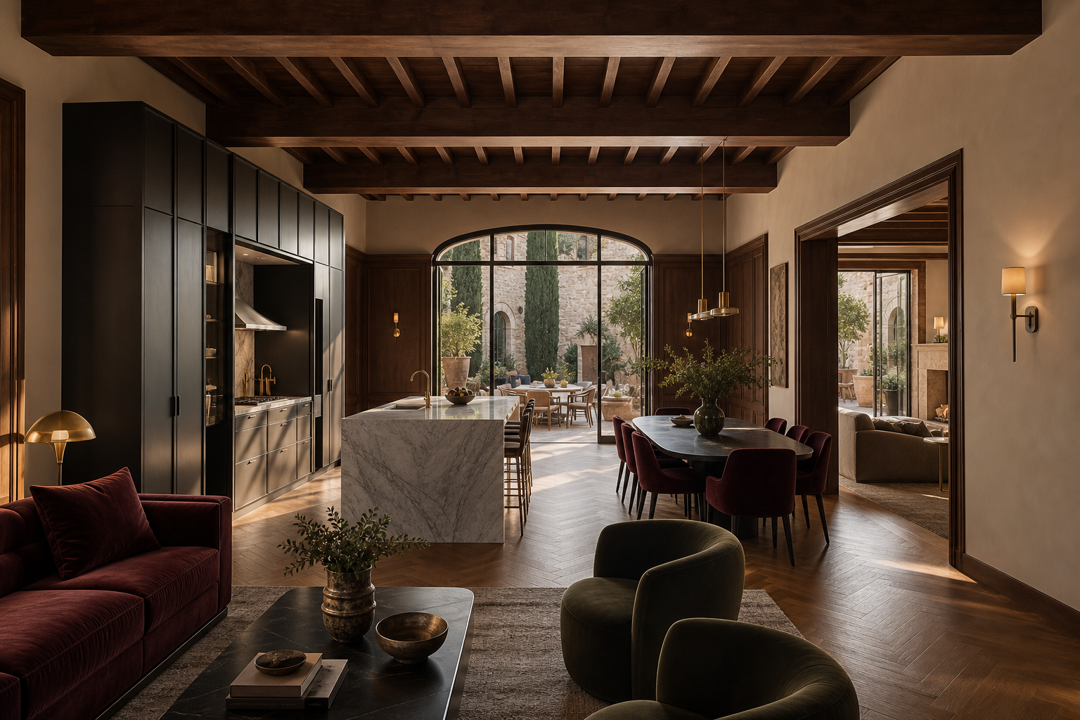 Fadior Siena Garden Courtyard Villa — Siena living and dining room with kitchen island, velvet sofa, dining table, cabinet wall, timber ceiling, arched courtyard doors, and oak parquet