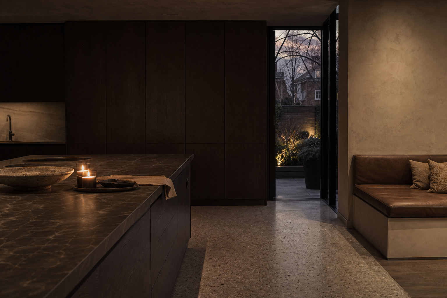 Fadior London 120 sqm Kitchen Villa — London townhouse finish study with island corner, smoked oak cabinet face,