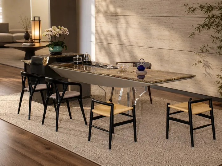 Mesa de té con tapa en forma de barco y patas transparentes 2880×1000×880 mm
