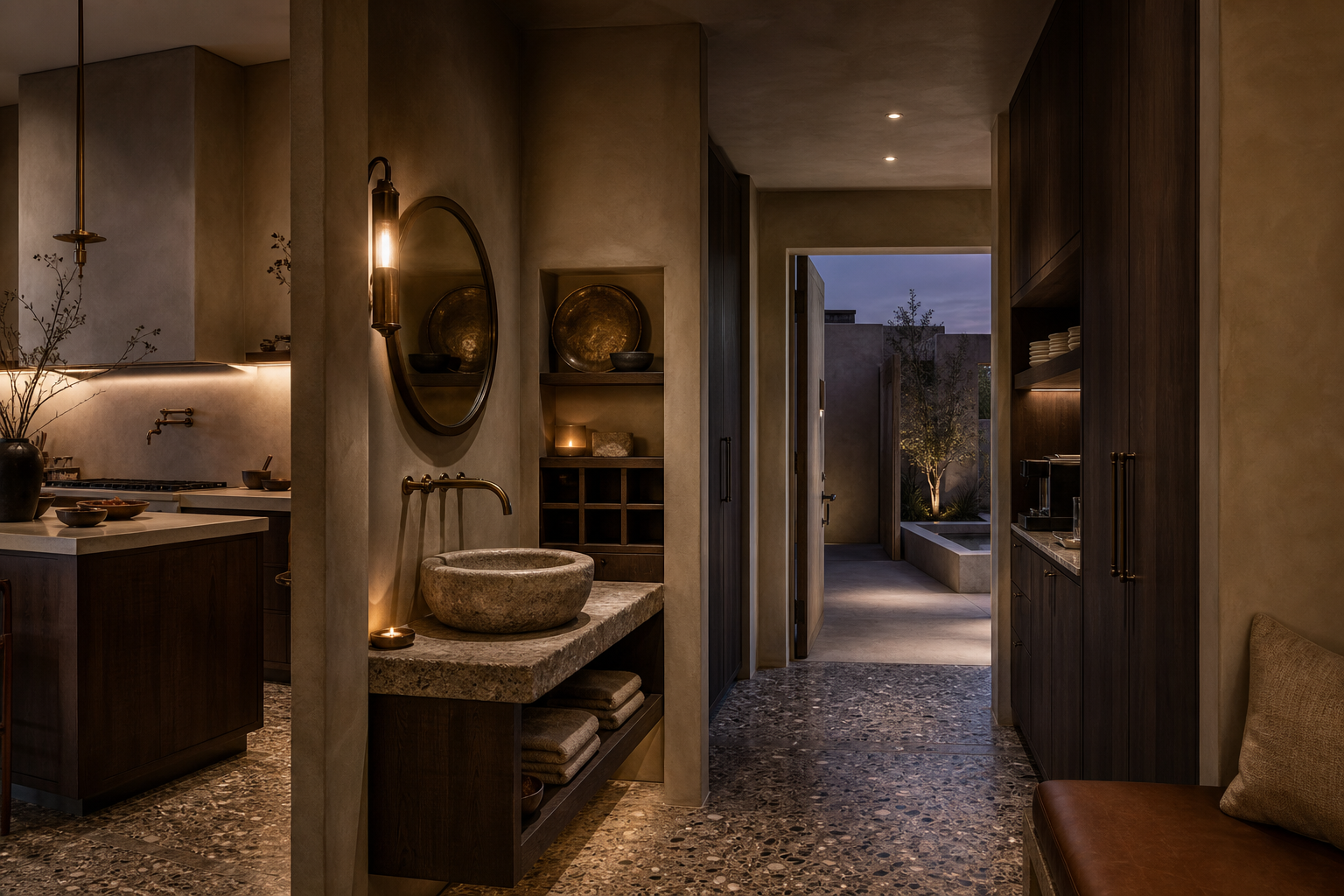 Fadior Muscat 280 sqm Kitchen Villa — Muscat villa pantry and guest vanity with mirror, stone basin, towel shelf,