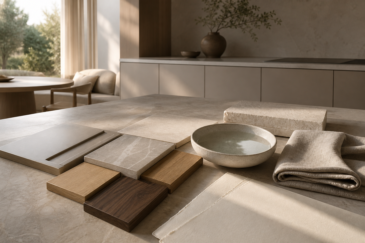 Material study with warm oak, pale stone, and soft linen for kitchen hardware finish decisions.