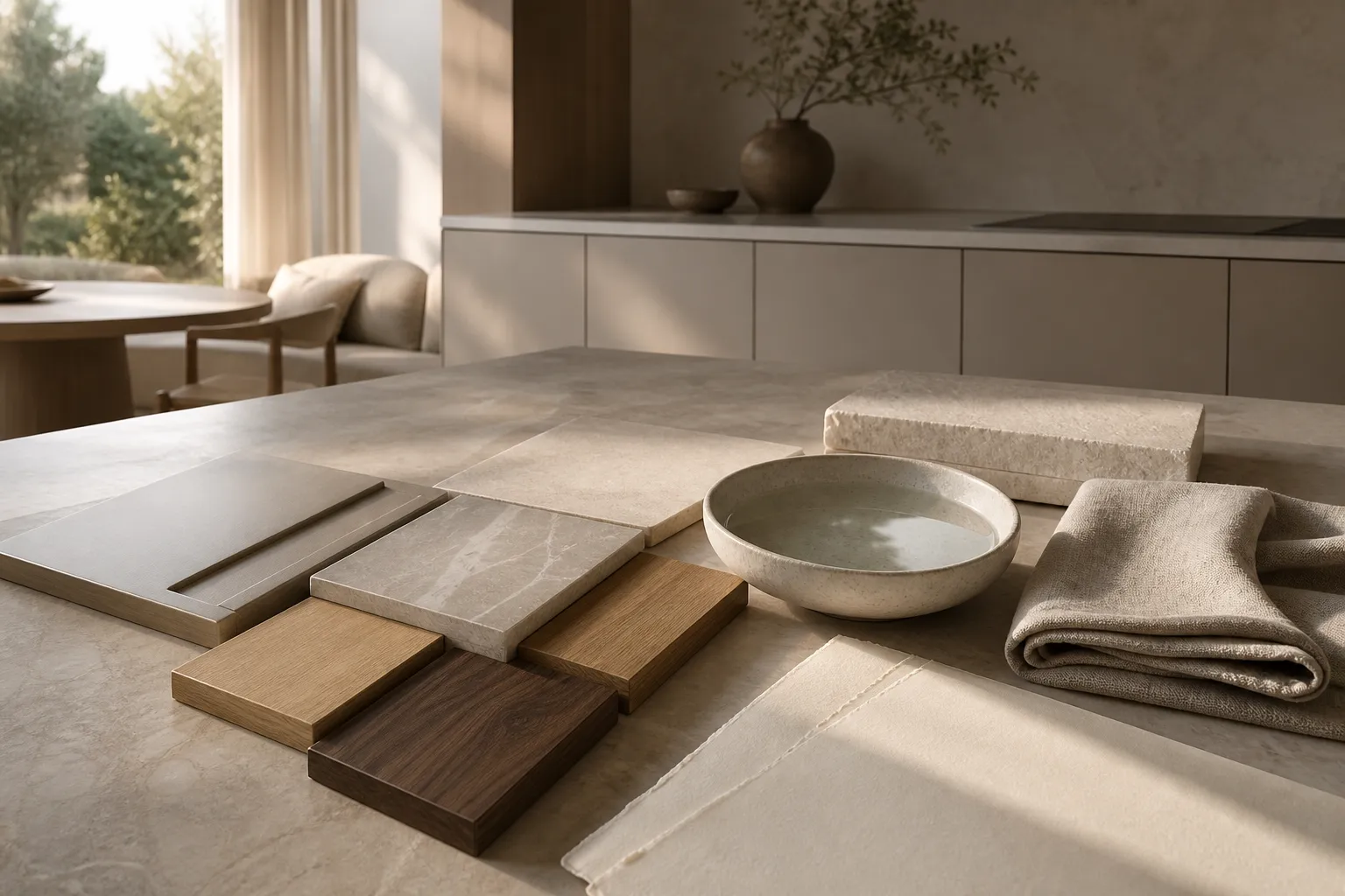 Material study with warm oak, pale stone, and soft linen for kitchen hardware finish decisions.