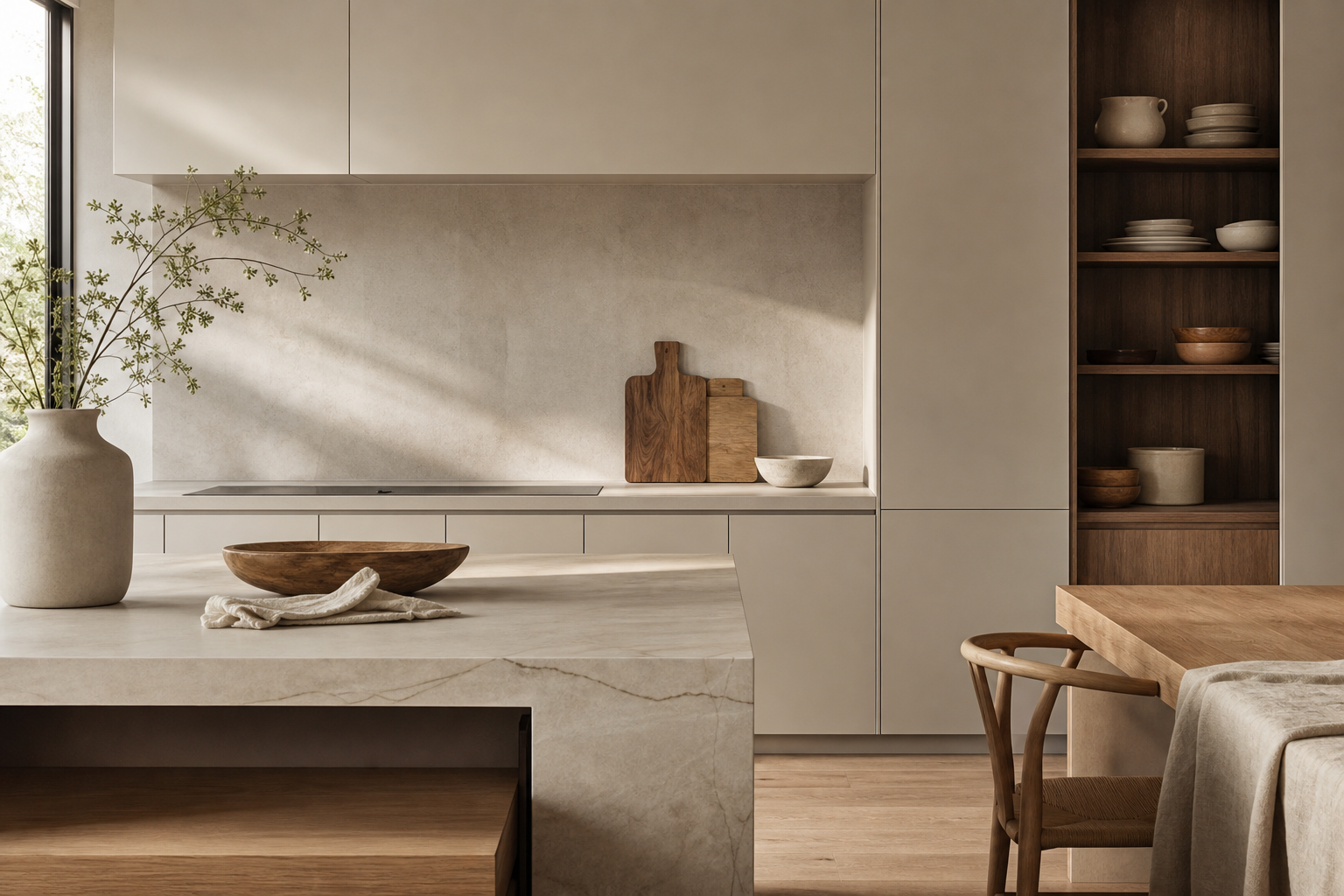 Balanced kitchen composition showing calm integrated planning beside a warmer dining-facing storage zone.