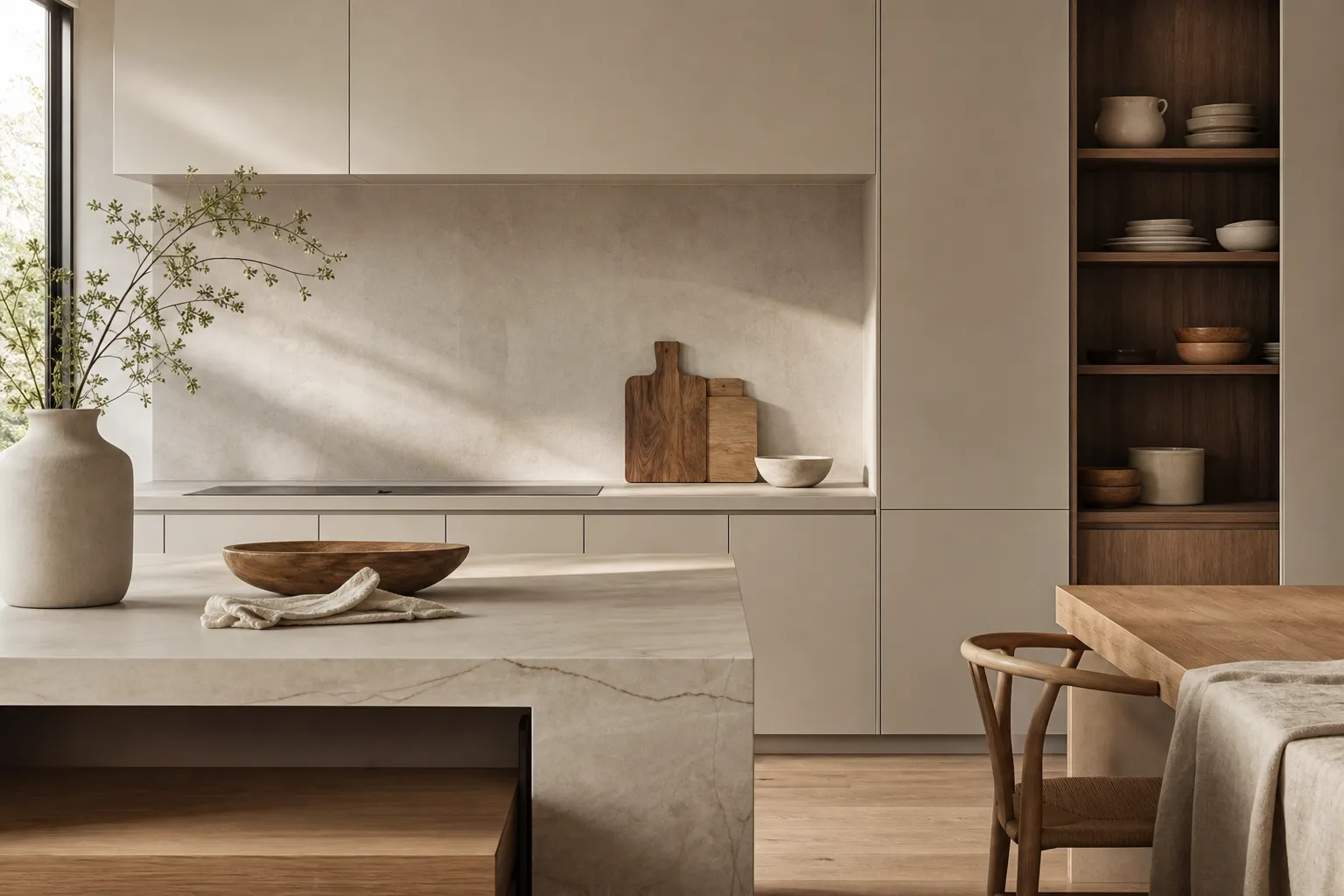 Balanced kitchen composition showing calm integrated planning beside a warmer dining-facing storage zone.