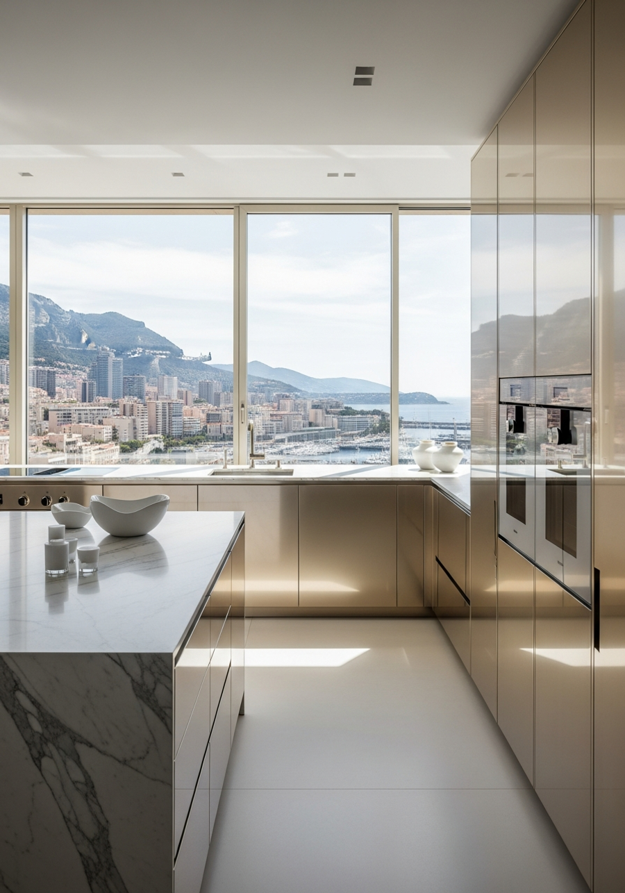 Fadior Monaco Harbour Penthouse — 304 stainless steel kitchen system, architectural view