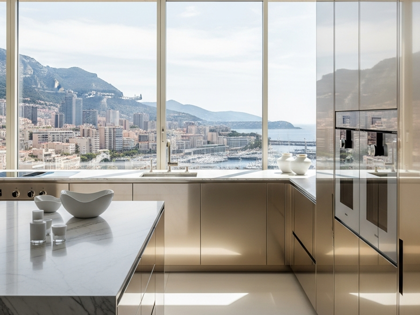 Fadior Monaco Harbour Penthouse — 304 stainless steel kitchen system, architectural view