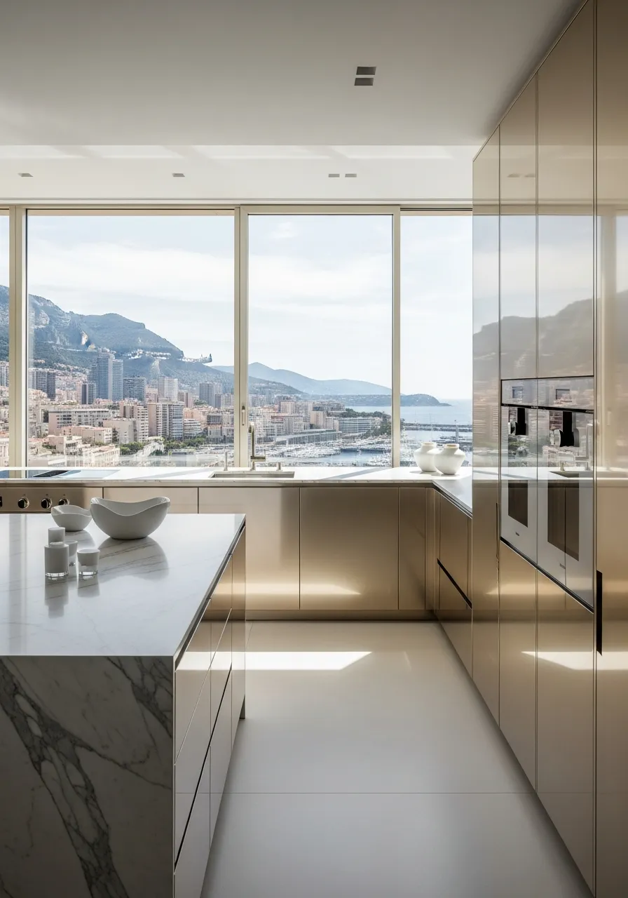 Fadior Monaco Harbour Penthouse — 304 stainless steel kitchen system, architectural view