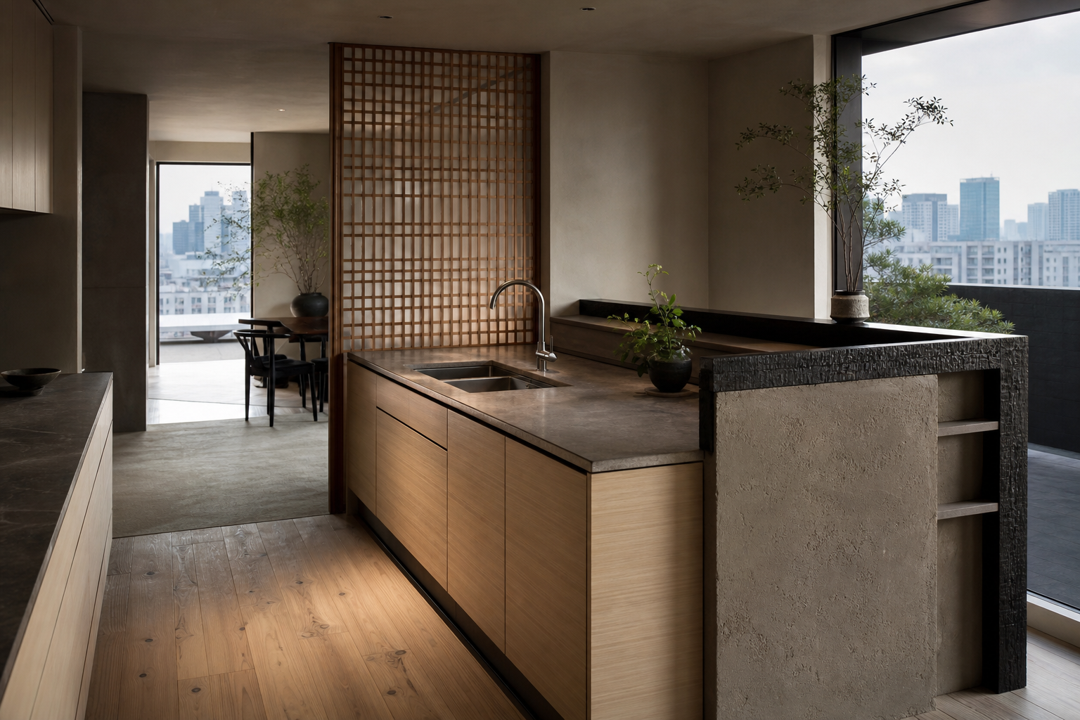 Fadior Tokyo 180 sqm Kitchen Penthouse — kitchen counter, cypress cabinets, wood lattice, travertine floor, window plant