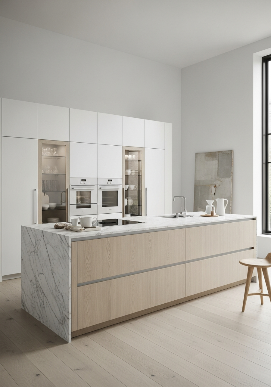 Luxury stainless steel kitchen suite in a warm residential interior