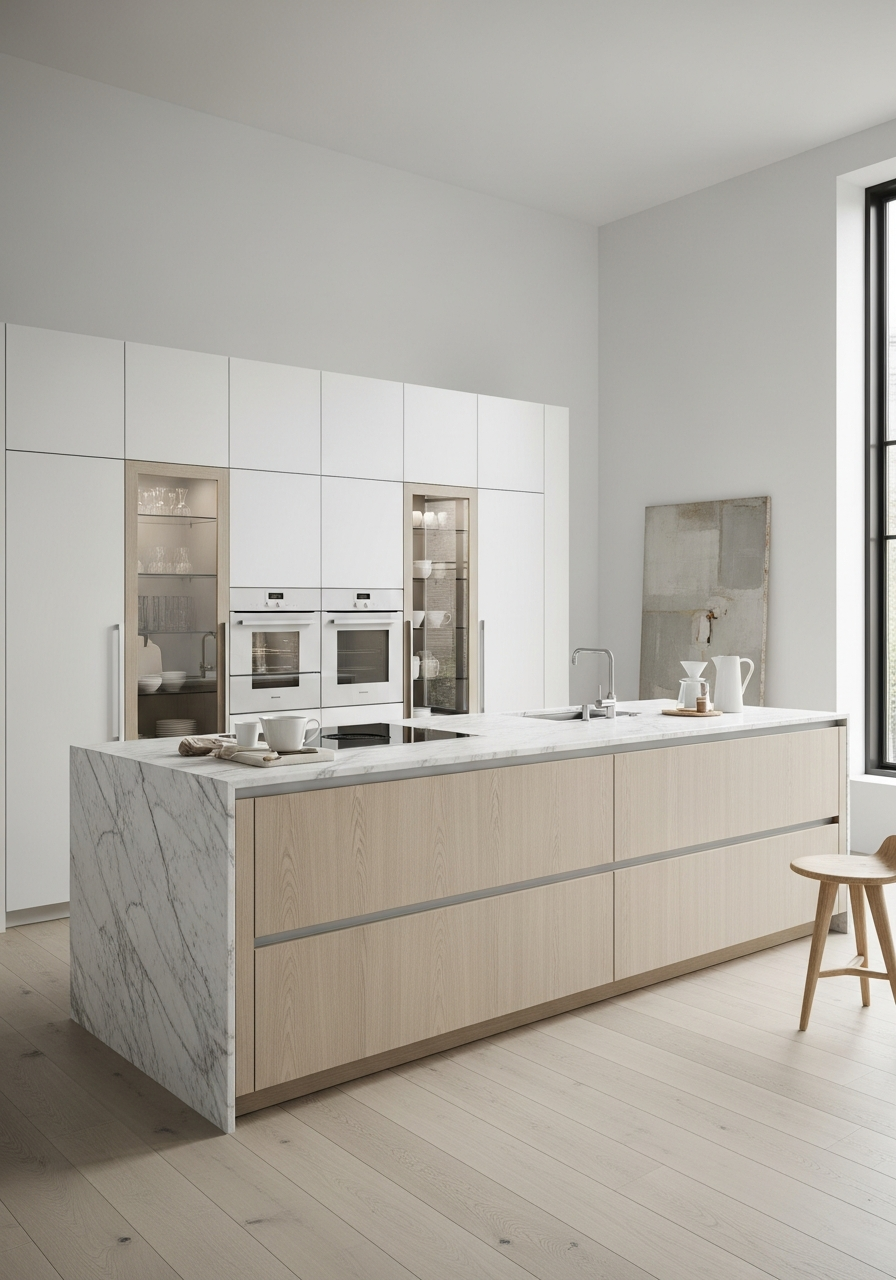 Luxury stainless steel kitchen suite in a warm residential interior