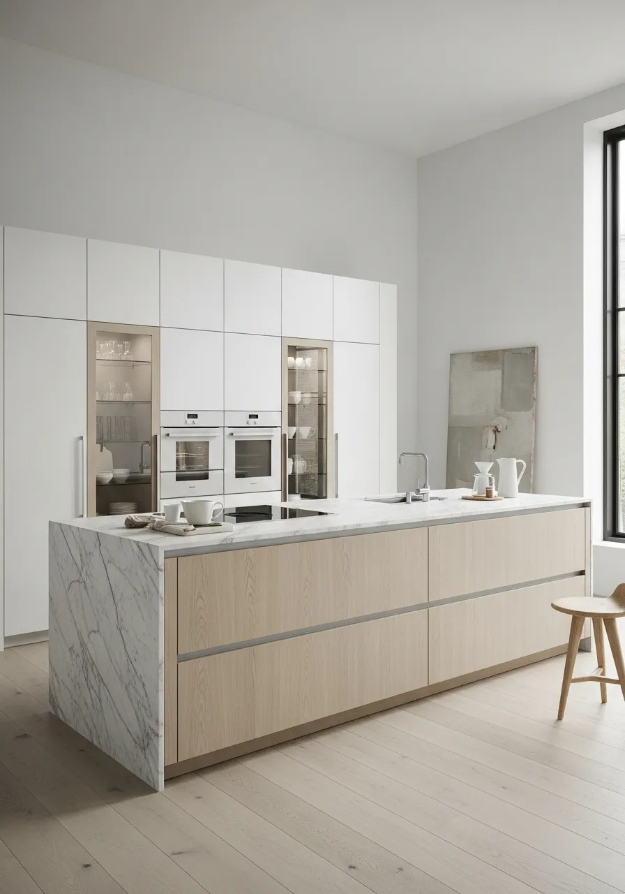 Luxury stainless steel kitchen suite in a warm residential interior