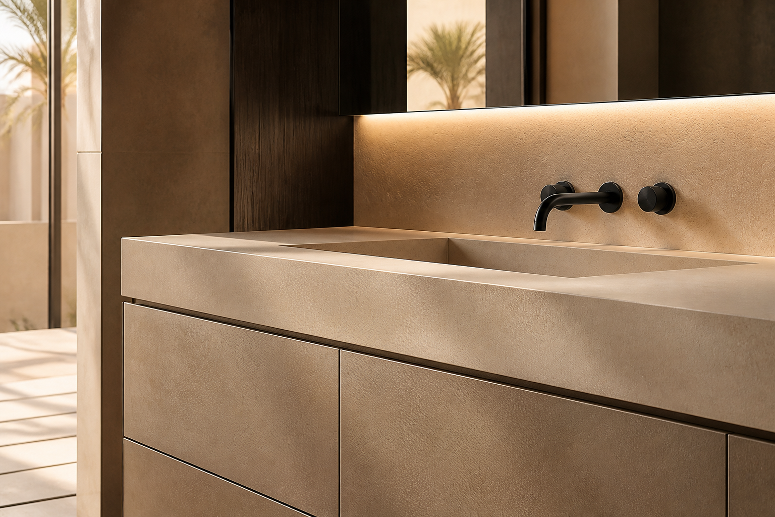 Fadior Nacre Bath and Vanity Suite with Porcelain Radiance Washwall — close-up of stainless steel finish and hardware detail