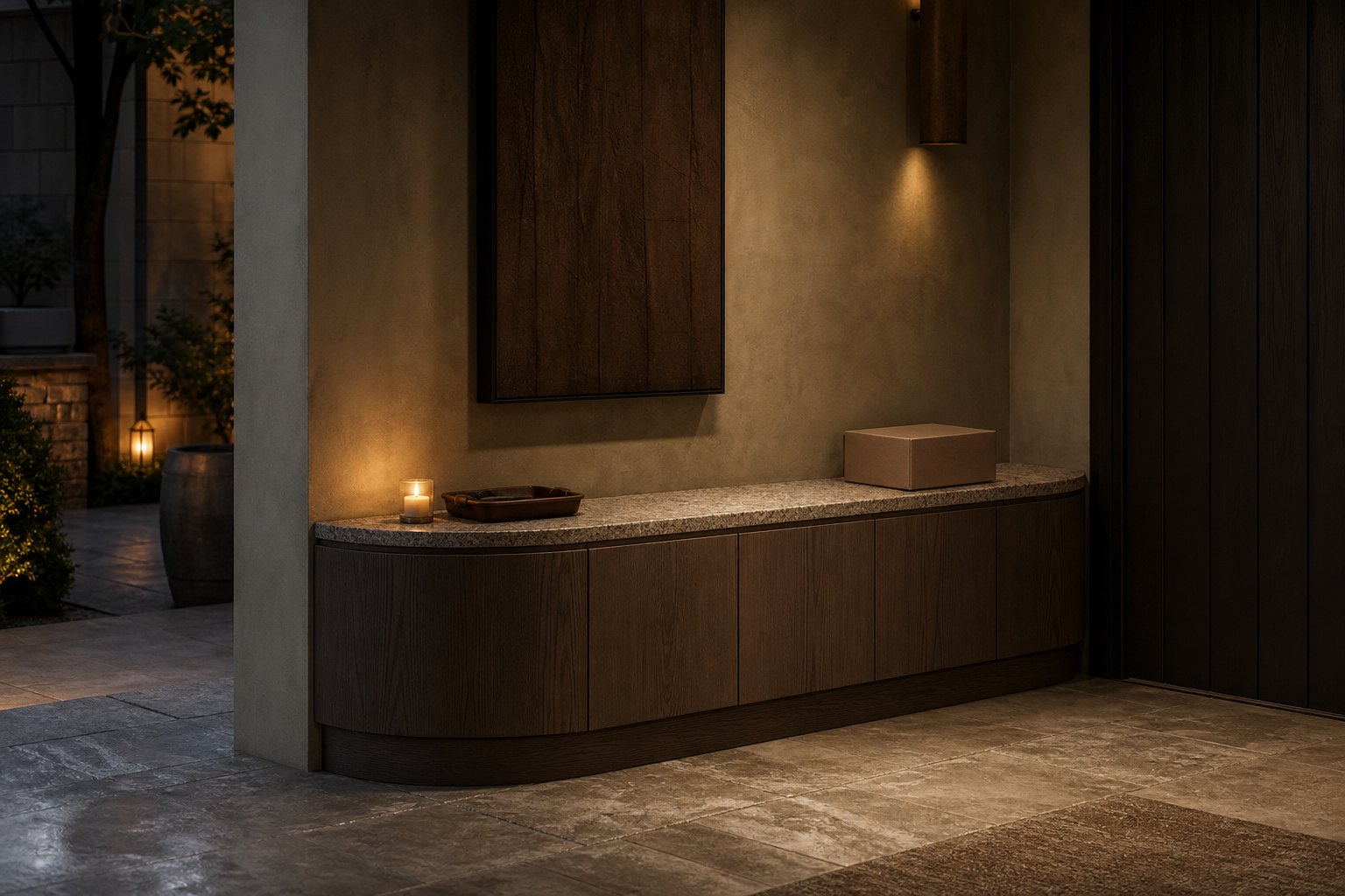 Fadior Savile Entryway Suite with Crescent Parcel Bench — lifestyle setting with natural light and residential styling