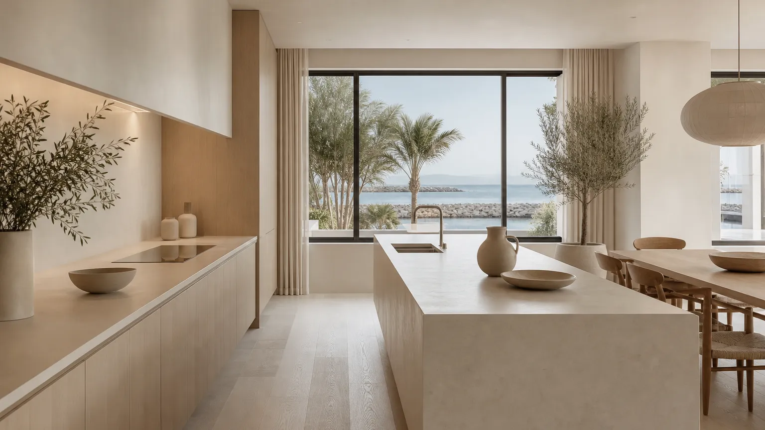 GCC kitchen atmosphere with blond ash fronts, pale counters, and soft daylight for long-life planning.