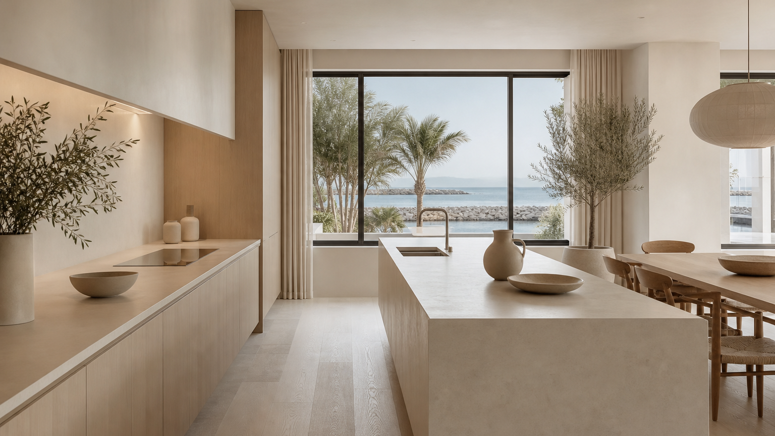 GCC kitchen atmosphere with blond ash fronts, pale counters, and soft daylight for long-life planning.