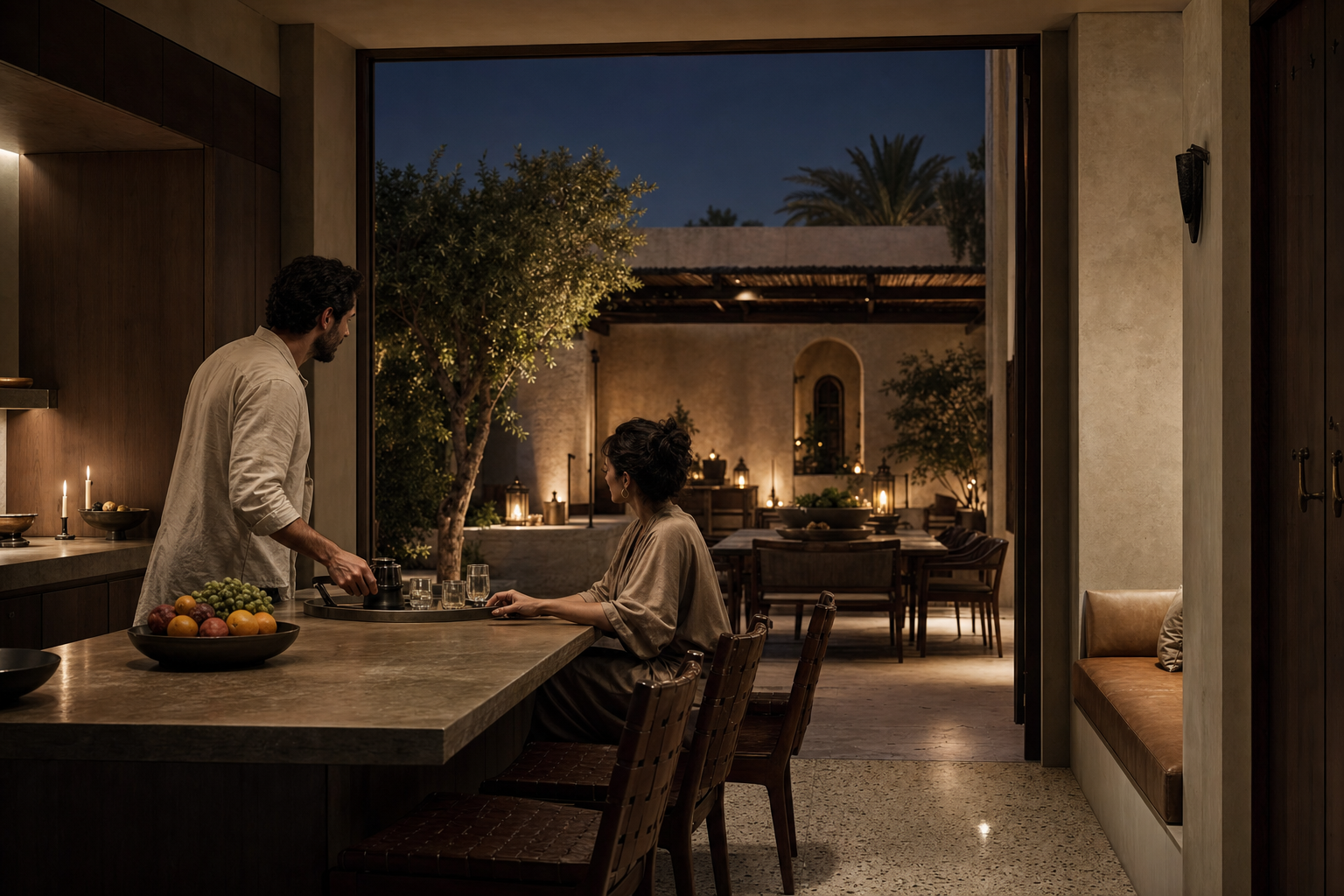 Fadior Muscat 280 sqm Kitchen Villa — Muscat villa terrace service scene with kitchen counter, dining chairs, fruit bowl,