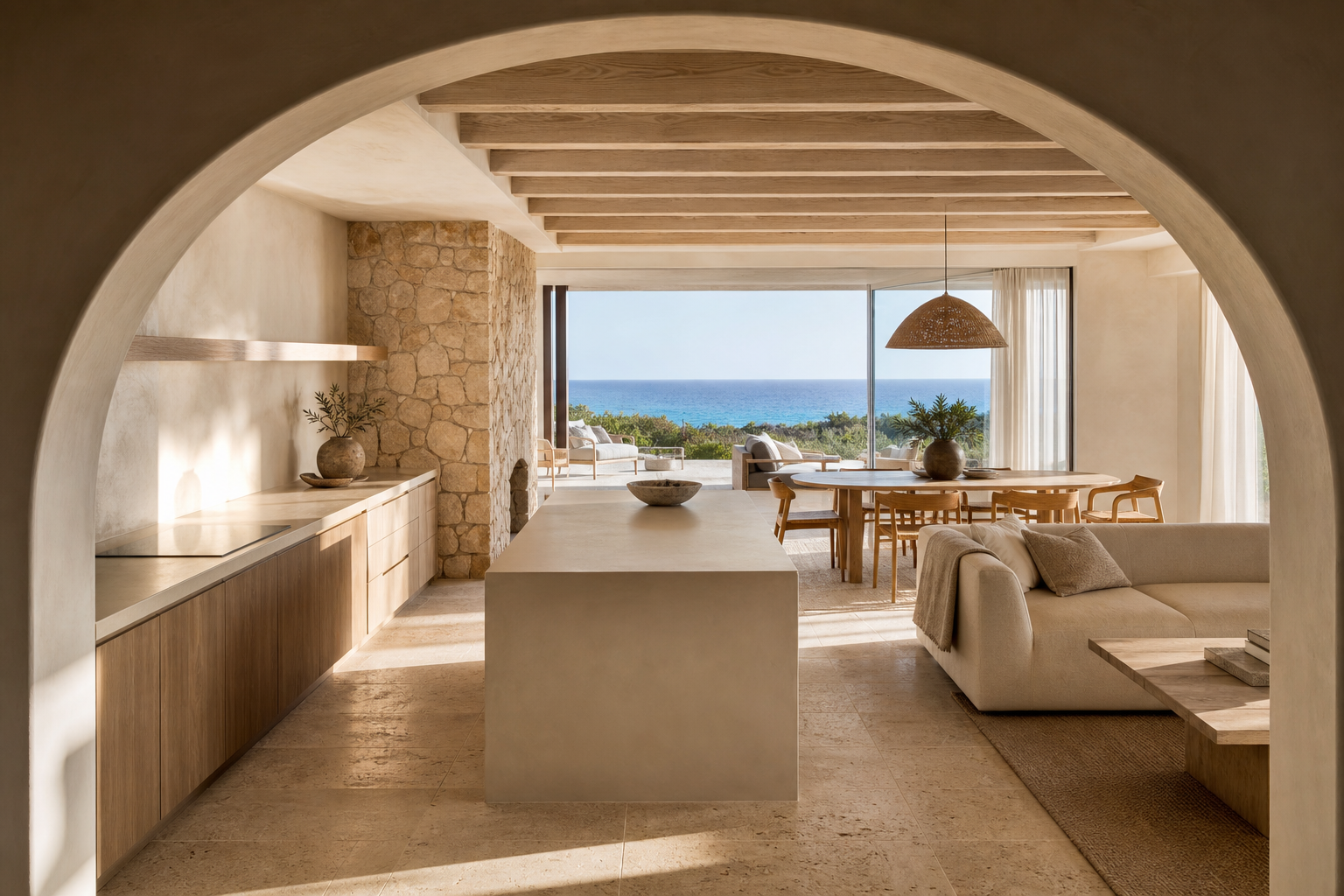 Fadior Cape Town 600 sqm Kitchen Villa — kitchen island, sofa, dining table, ocean window, limestone arch