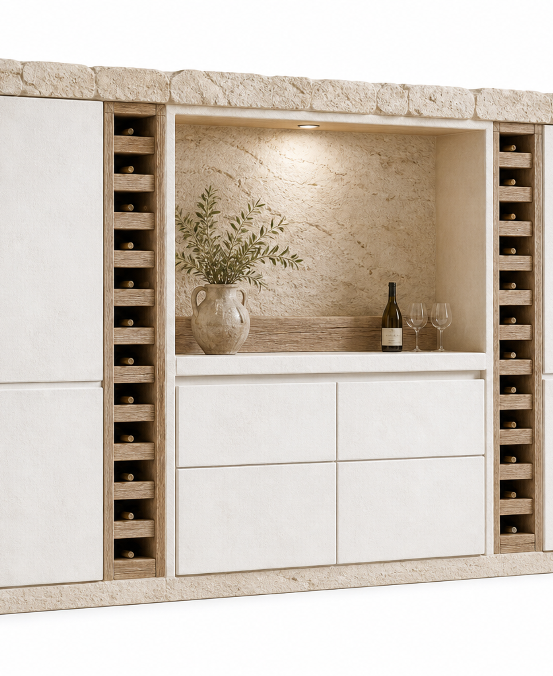 Fadior Grotto Wine Cabinet Suite with Terrazzo Tasting Niche — 304 stainless steel wine cabinet system, front view