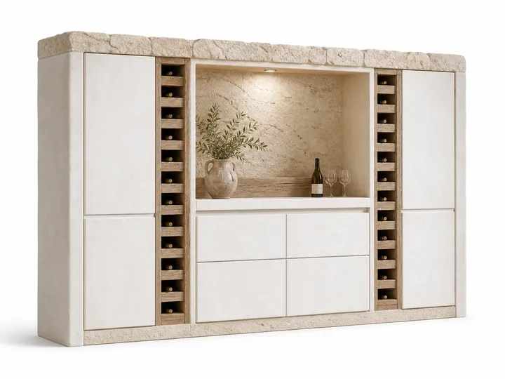 Fadior Grotto Wine Cabinet Suite with Terrazzo Tasting Niche — 304 stainless steel wine cabinet system, front view