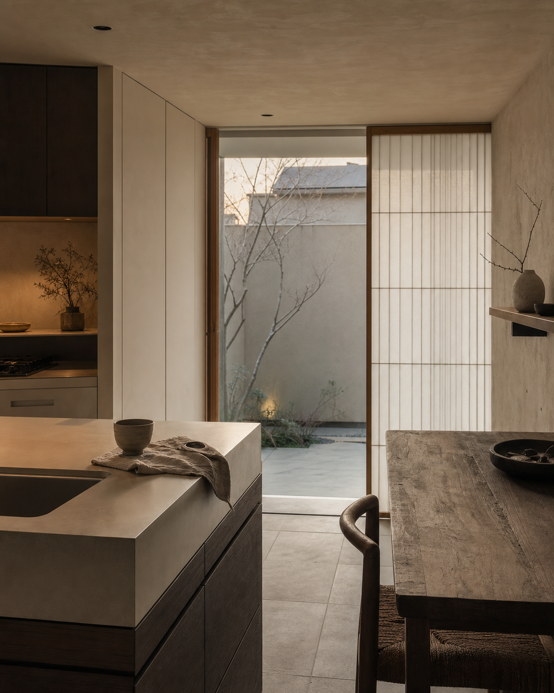 Fadior Tokyo 85 sqm Kitchen Apartment — island corner, dining table, courtyard window, umber cabinet