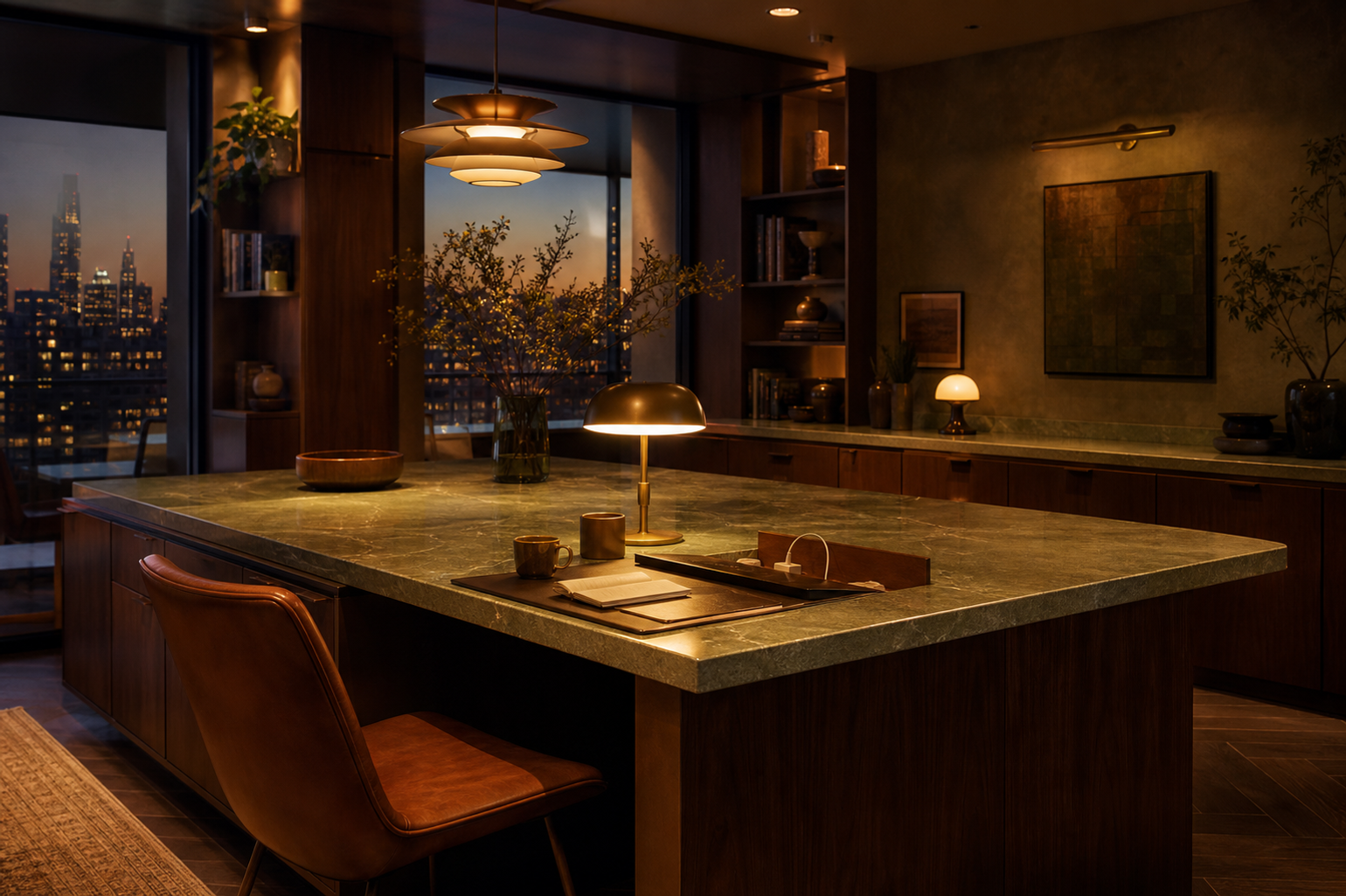 Material mood study: walnut-toned kitchen surfaces, cognac seating, warm task light, and organized work storage.
