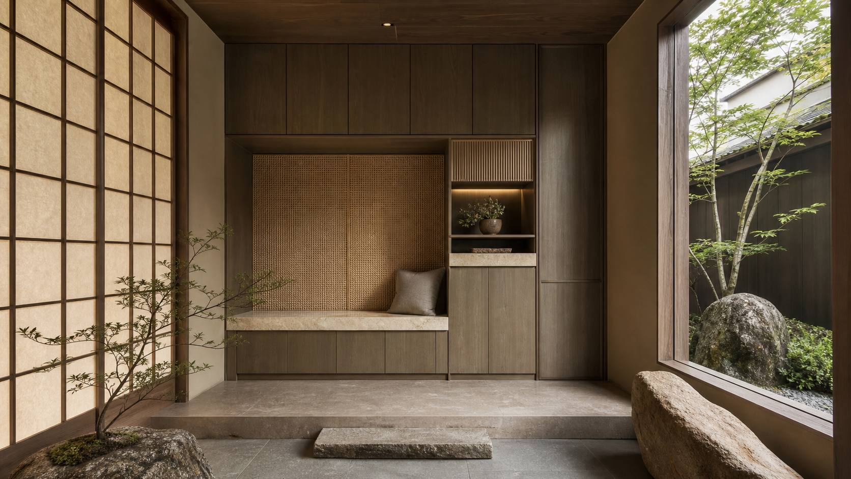 Fadior Loggia Entryway Suite with Cane Mail Bench Alcove — lifestyle setting with natural light and residential styling