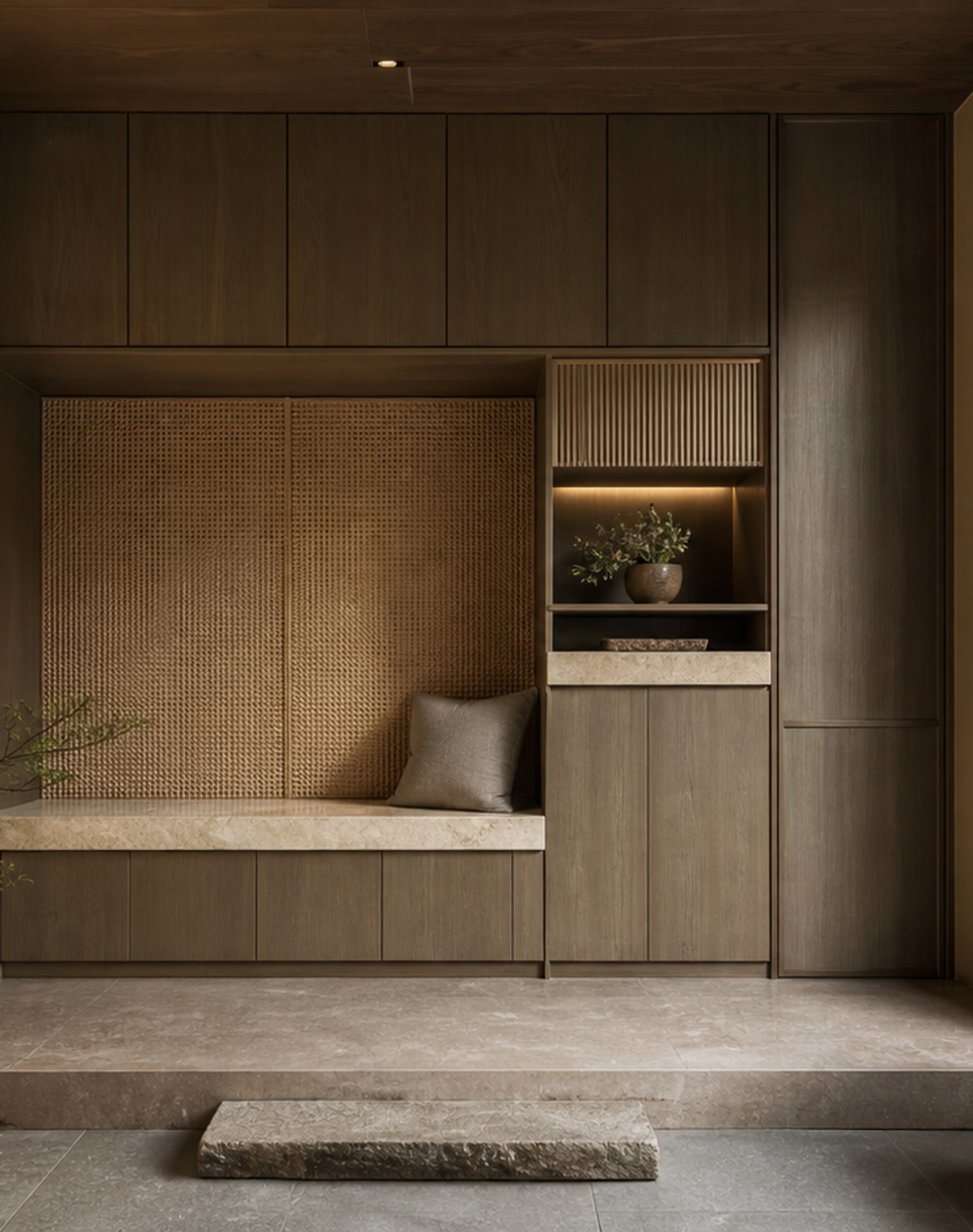 Fadior Loggia Entryway Suite with Cane Mail Bench Alcove — lifestyle setting with natural light and residential styling