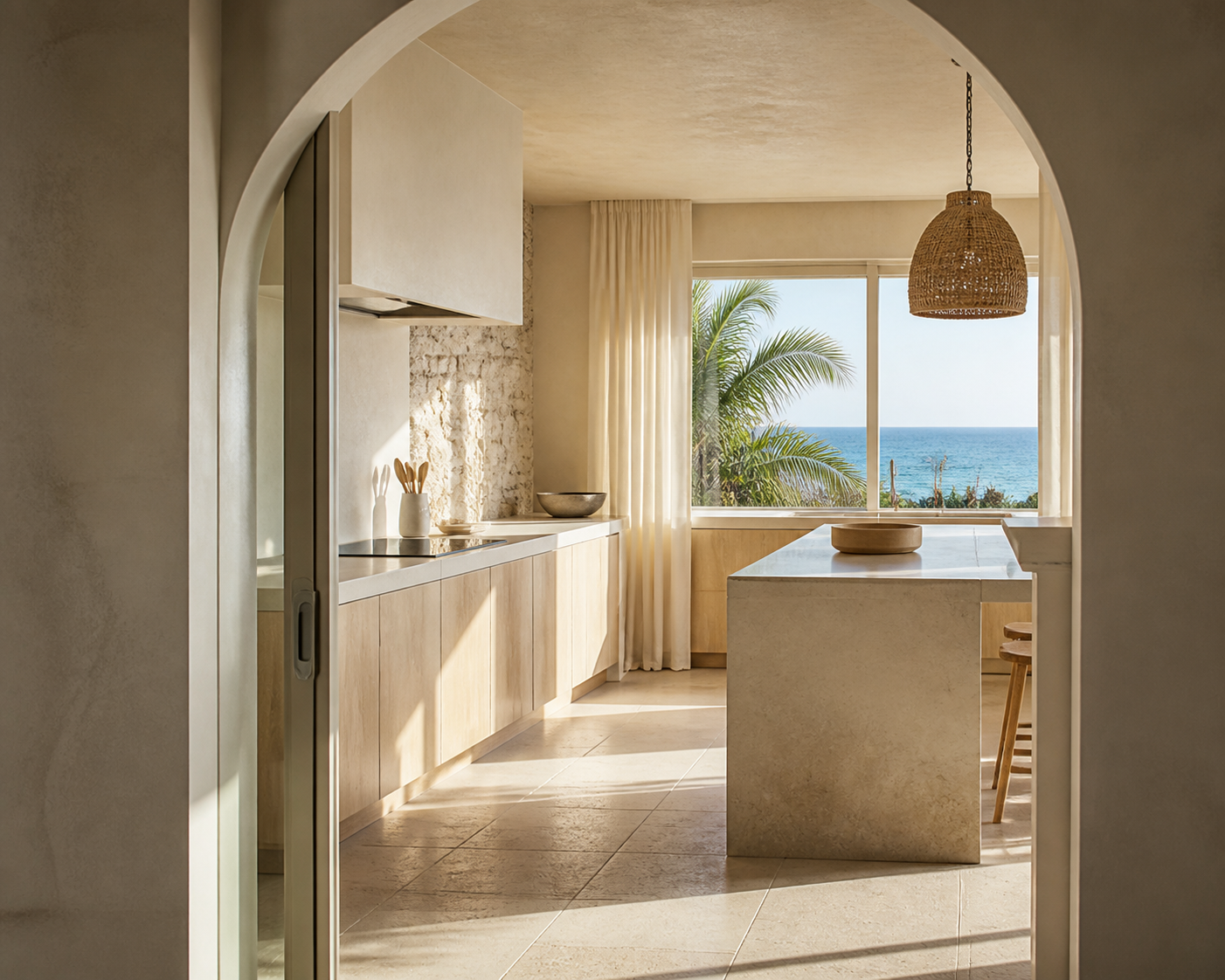 Fadior Miami 85 sqm Kitchen Apartment — Kitchen surface with travertine tile, limestone wall, timber table and window light
