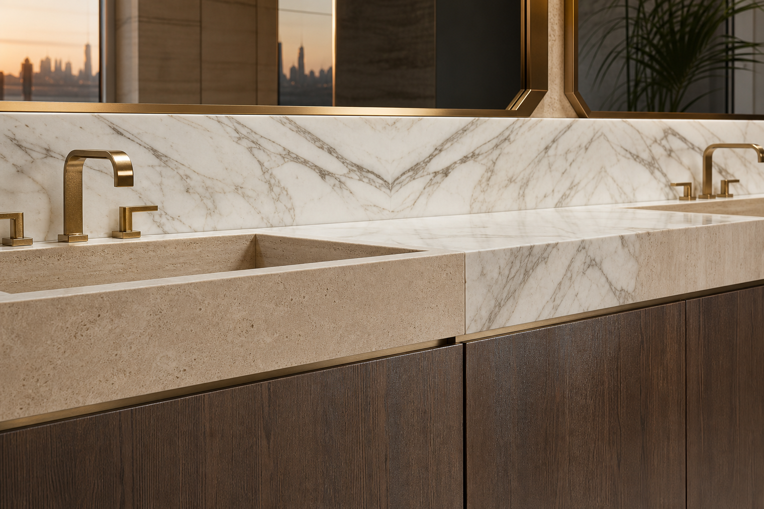 Fadior Nacre Bath and Vanity Suite with Limestone Double Basin Alcove — close-up of stainless steel finish and hardware