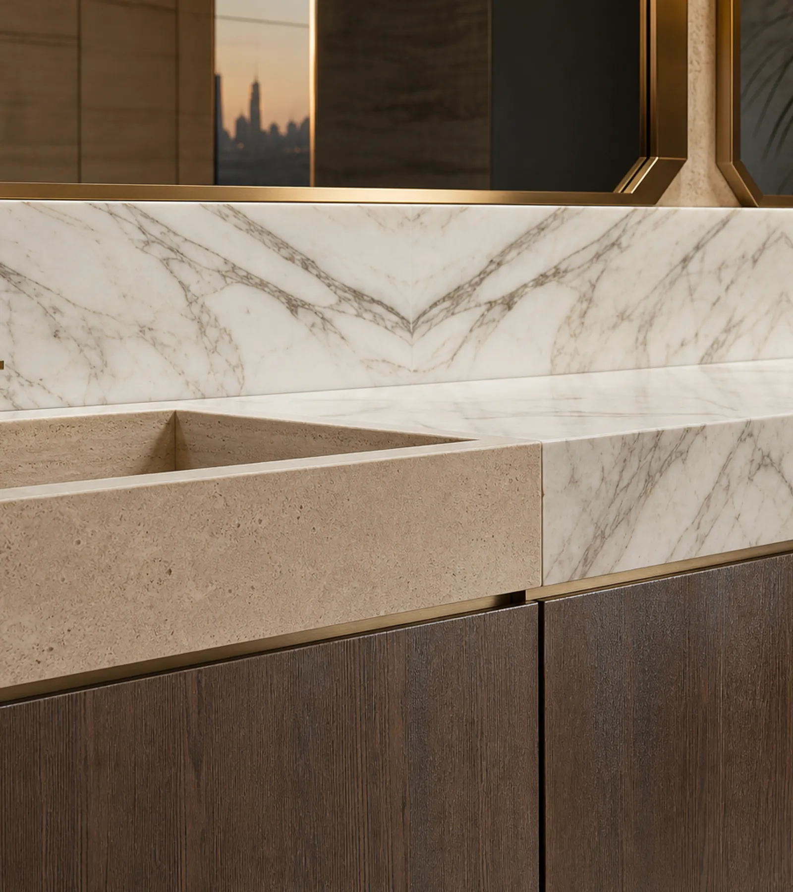 Suite de Baño y Tocador Nacre con Doble Lavabo en Hornacina de Piedra Caliza acabado y detalle