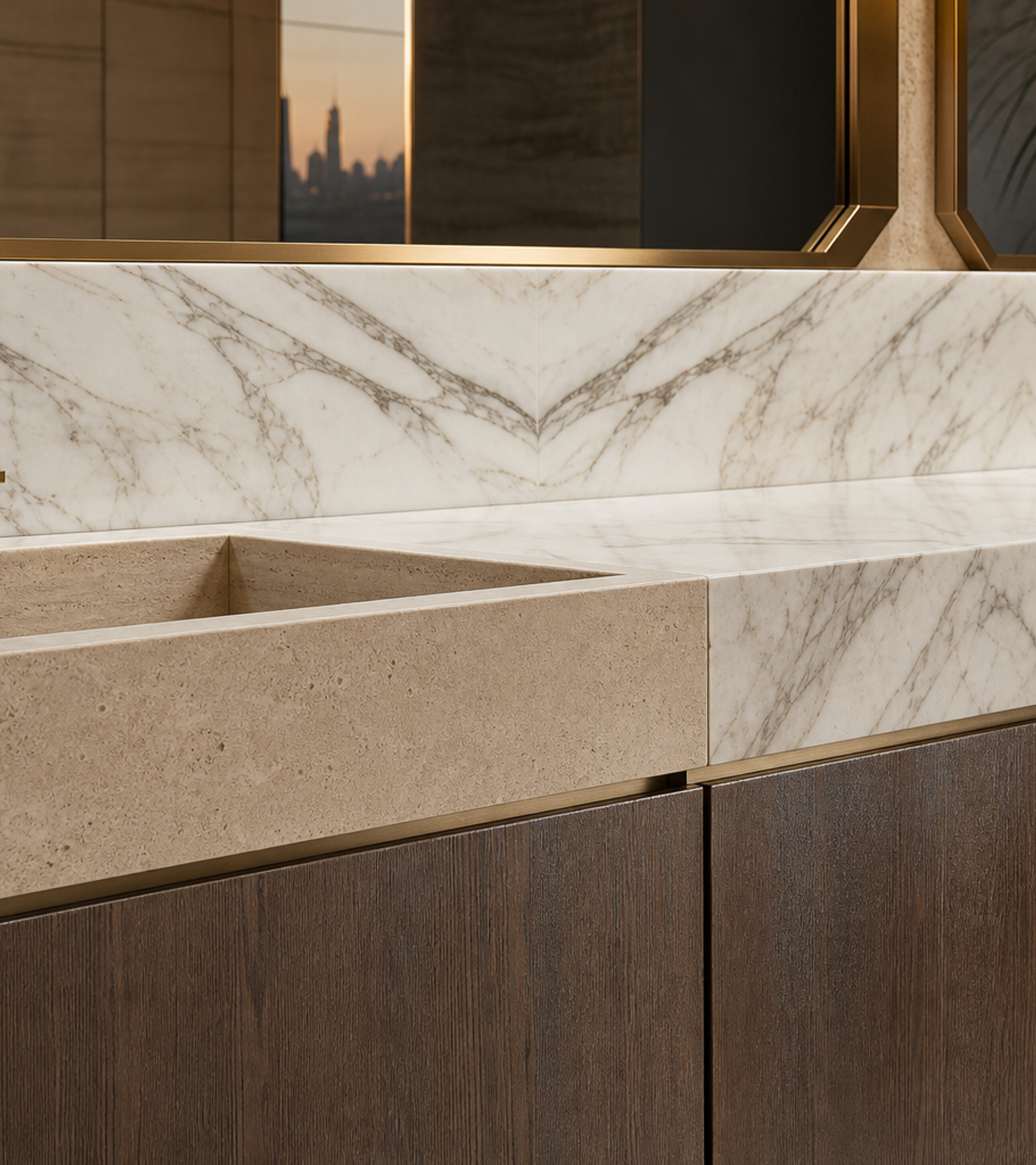 Fadior Nacre Bath and Vanity Suite with Limestone Double Basin Alcove — close-up of stainless steel finish and hardware