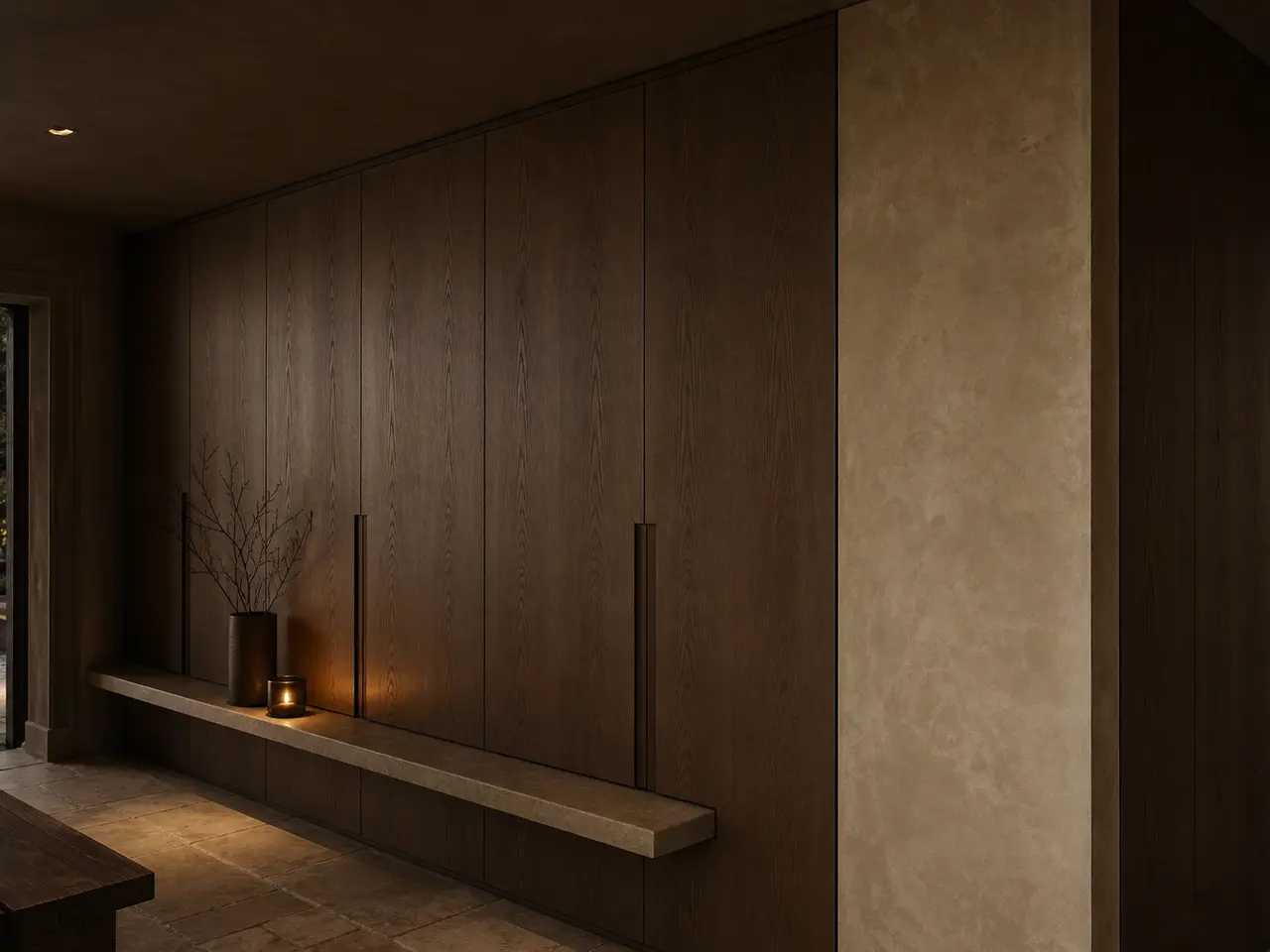 Fadior Armario Lumiere con pared de tocador Counterline - vestidor a medida en acero inoxidable 304 con acabados residenciales, almacenamiento y planificación por estancia