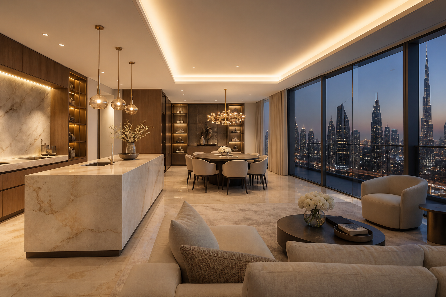 Fadior Dubai 210 sqm Kitchen Penthouse — Dubai Kitchen Penthouse — island, dining table, sofa, marble, window