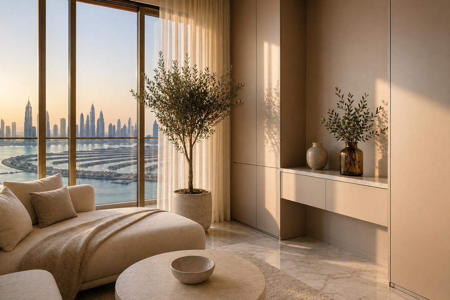 Fadior Dubai Compact Residence — lounge sofa, balcony window, cabinet console, palm view
