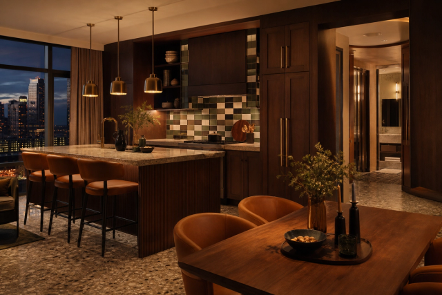 Fadior Calgary 650 sqm Kitchen Bath Villa — Calgary kitchen island, walnut cabinet wall, terrazzo floor, bath corridor,