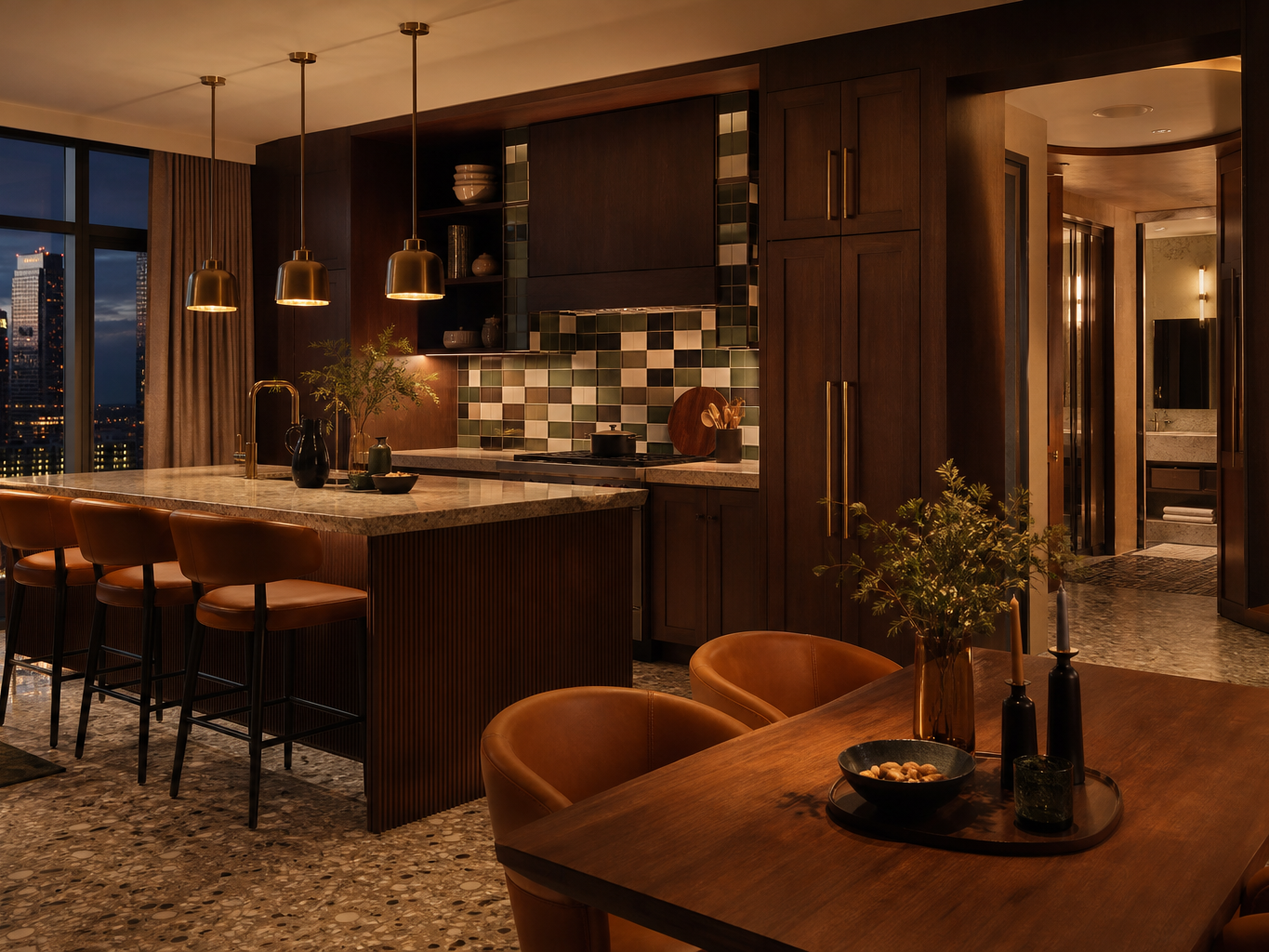 Fadior Calgary 650 sqm Kitchen Bath Villa — Calgary kitchen island, walnut cabinet wall, terrazzo floor, bath corridor,