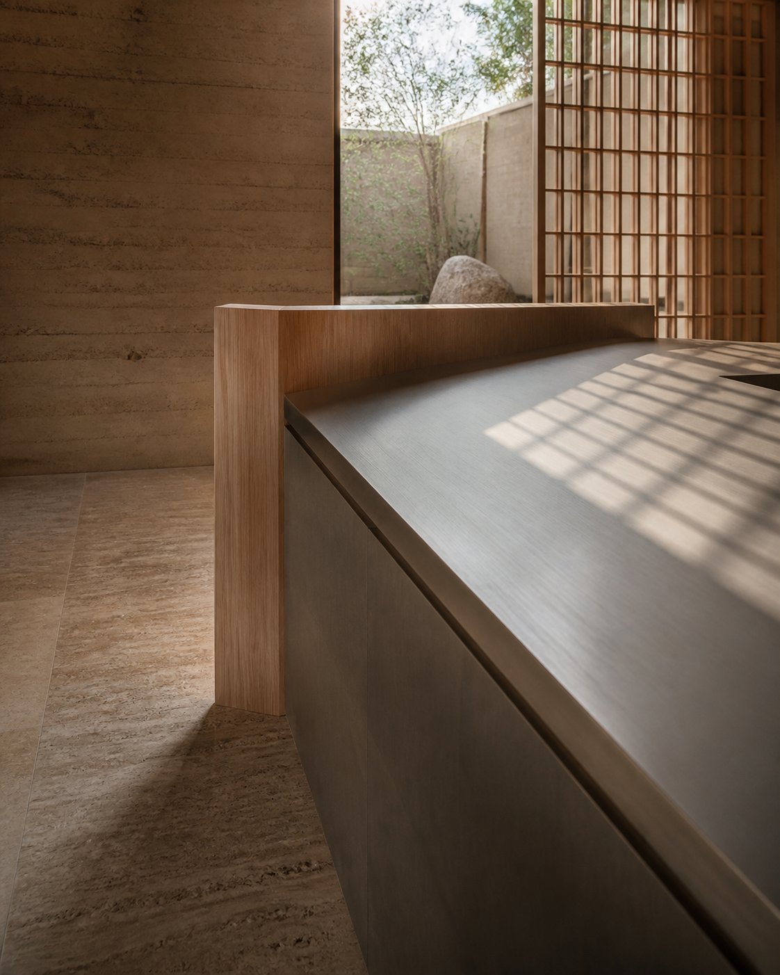 Fadior Tokyo 120 sqm Kitchen Penthouse — brushed steel counter, cypress edge, travertine floor, lattice shadow
