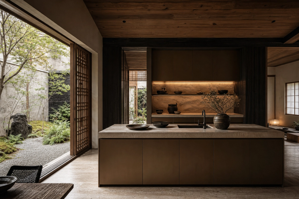 Fadior Shanghai Garden Courtyard Villa — Shanghai garden courtyard kitchen with timber island, travertine counter, wood lattice, clay wall, garden tree, cabinet wall, sliding door, and paper window