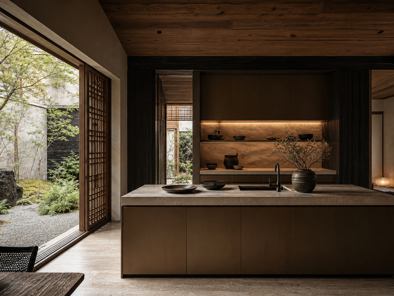 Fadior Shanghai Garden Courtyard Villa — Shanghai garden courtyard kitchen with timber island, travertine counter,