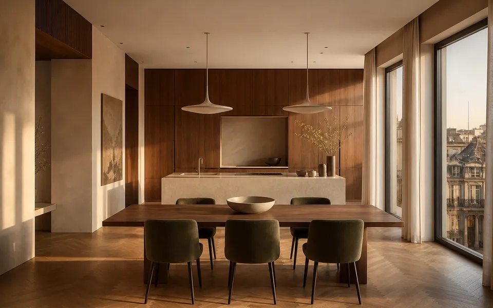 Fadior Milan 140 sqm Kitchen Penthouse — Milan Kitchen Penthouse — island, dining table, walnut, window, city roofs — 304 stainless steel cabinetry installation by Fadior
