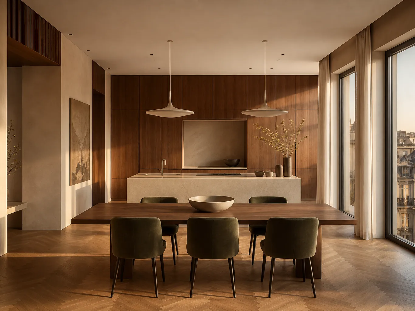 Fadior Milan 140 sqm Kitchen Penthouse — Milan Kitchen Penthouse — island, dining table, walnut, window, city roofs