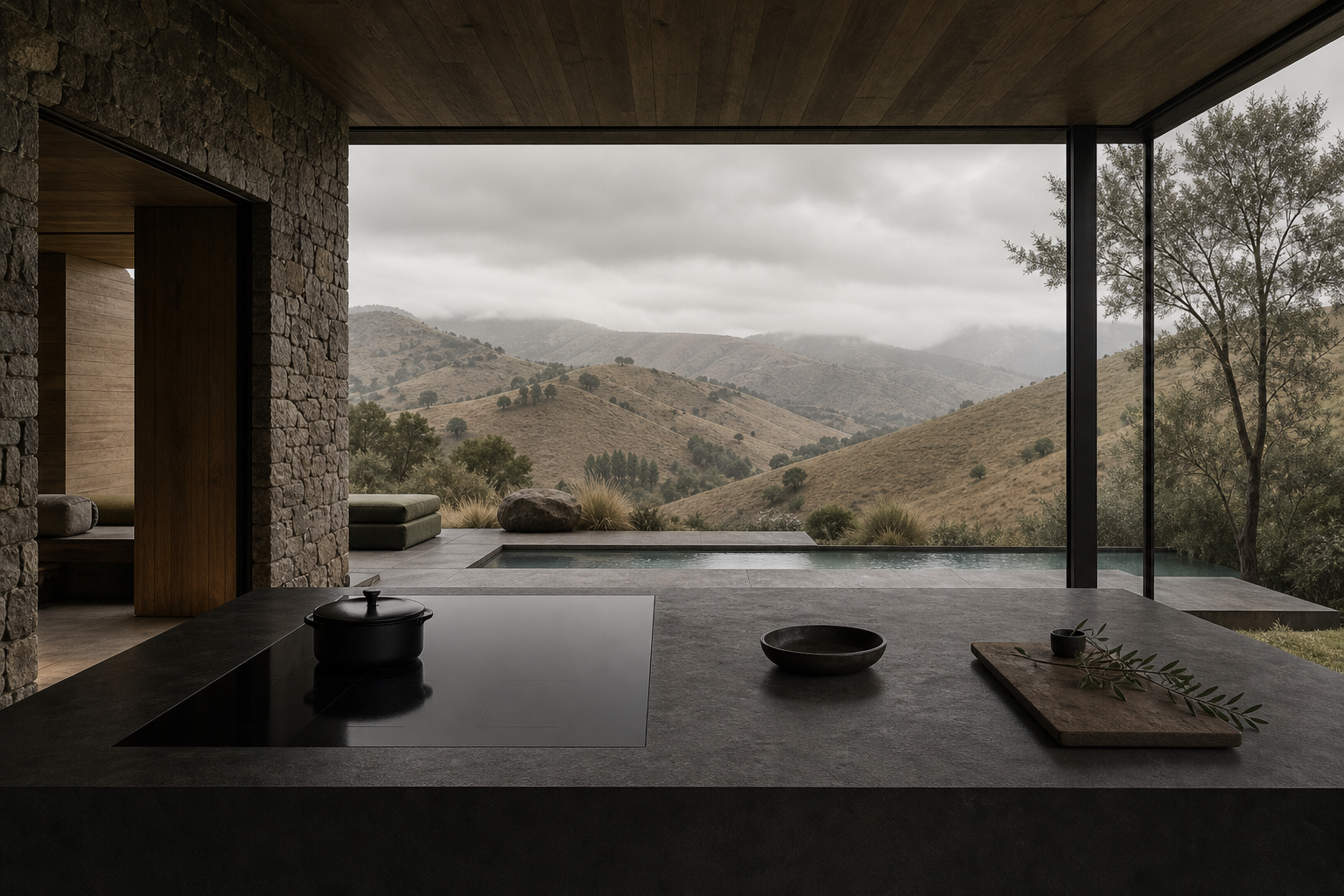 Kitchen decision comparison with matte black island, stone terrace, and quiet induction context.