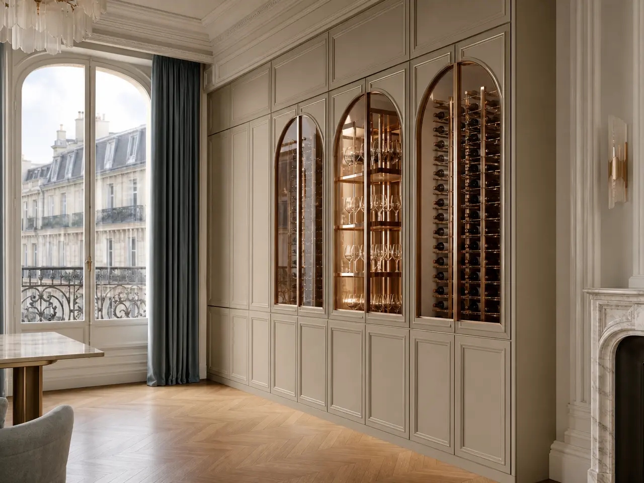 Fadior Gloria Wine Cabinet Suite with Limewash Cellar Tasting Pier - built-in stainless steel wine cabinet with bottle display, glass-front storage, lighting, and closed reserve storage